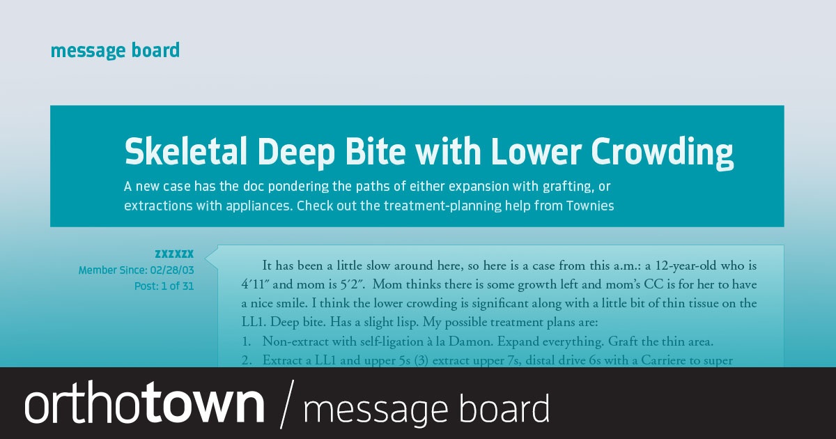 Skeletal Deep Bite With Lower Crowding A new case that has the doc pondering the paths of either expansion with grafting, or extractions with appliances. Check out the treatment planning help from Townies.
